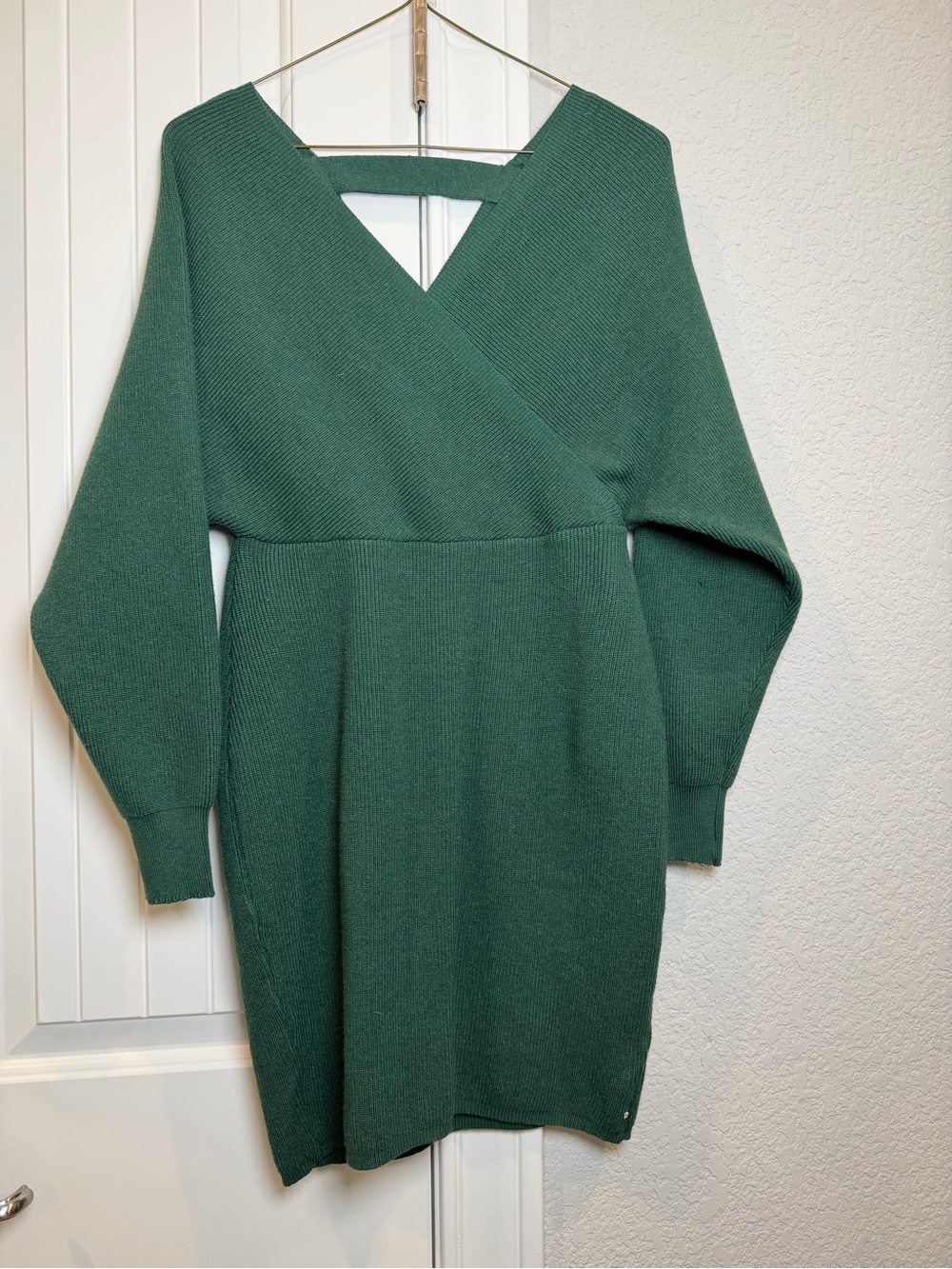 Forest Green Knit Wrap-Front Long Sleeve Dress